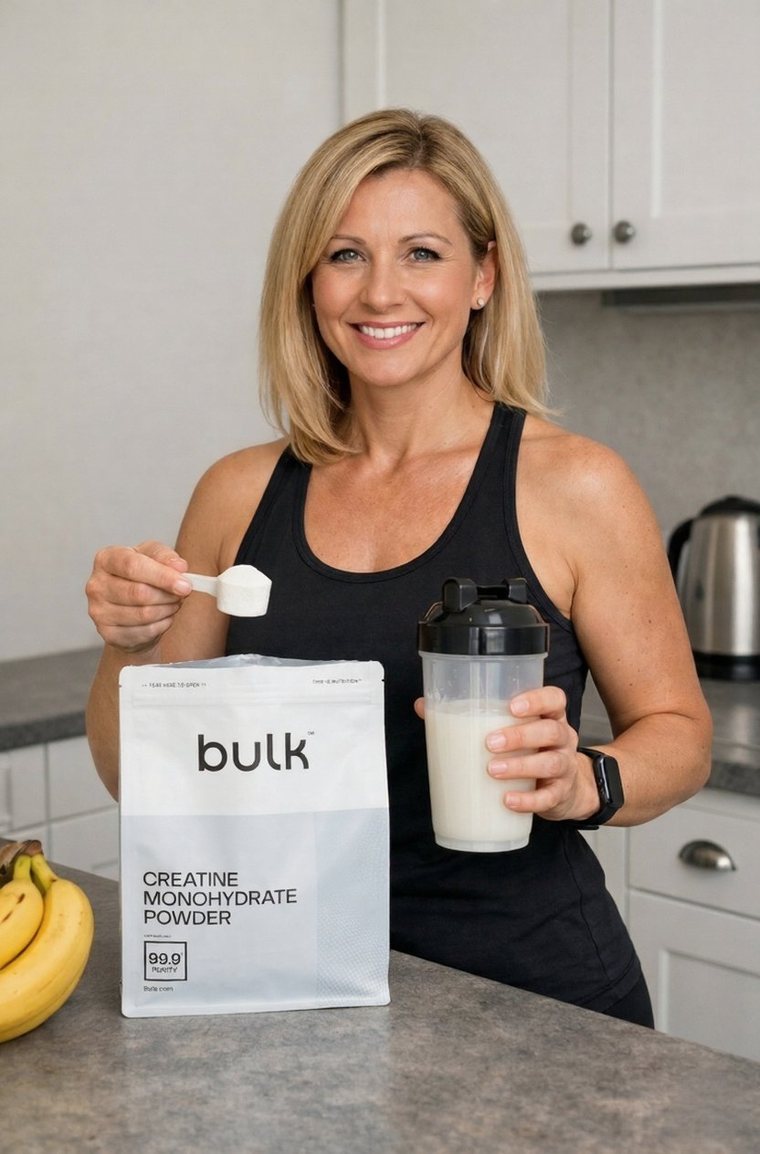 Patenkinta Kreatinas+ klientė virtuvėje su Bulk™ kreatinu