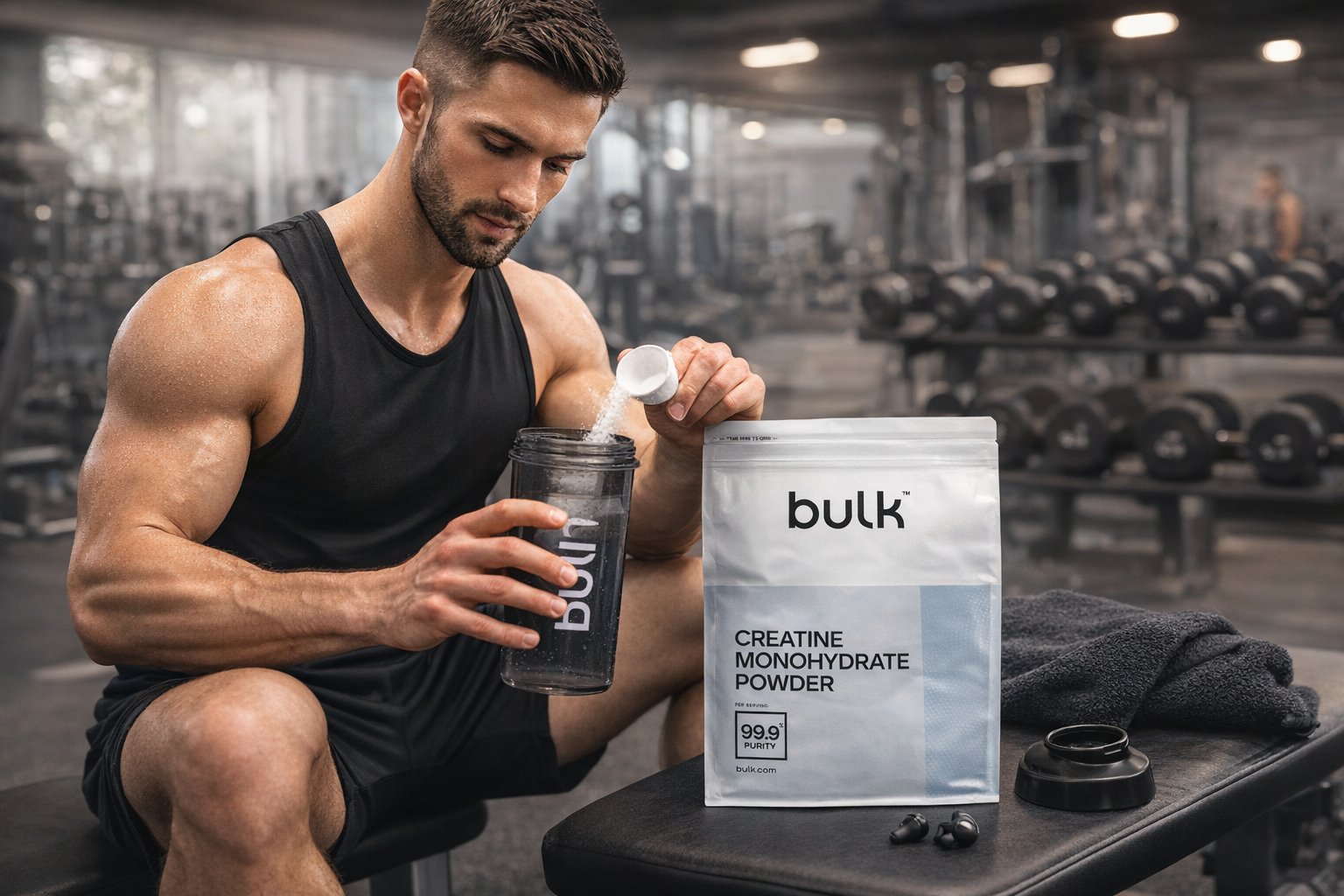 Bulk™ Creatine Monohydrate — sportininkas su kreatino pakuote